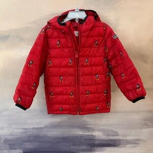 GAP Red Kids Puffer Jacket with Mickey Mouse Character Design